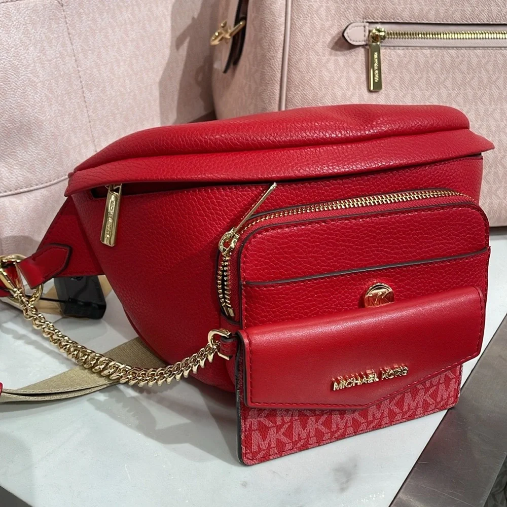 MICHAEL KORS Maisie Large Pebbled Leather 2-in-1 Sling Pack Bright Red NWT